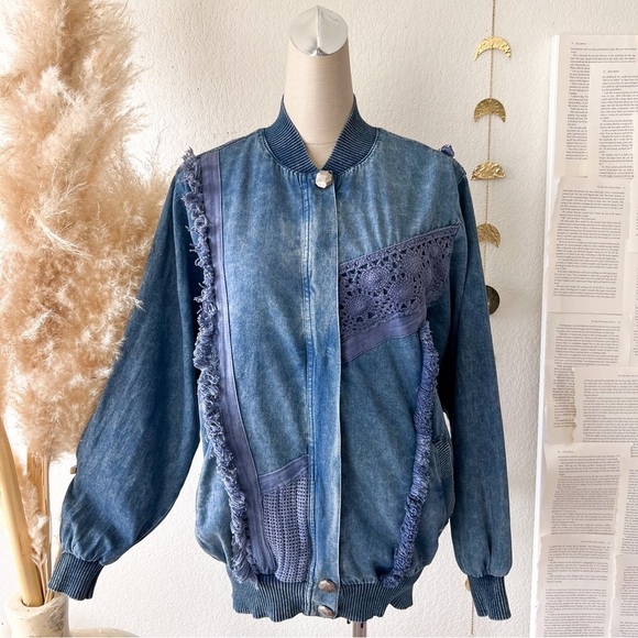 VINTAGE Marsha Sport Chambray Crochet Zip Up Bomber Jacket - Picture 2 of 16